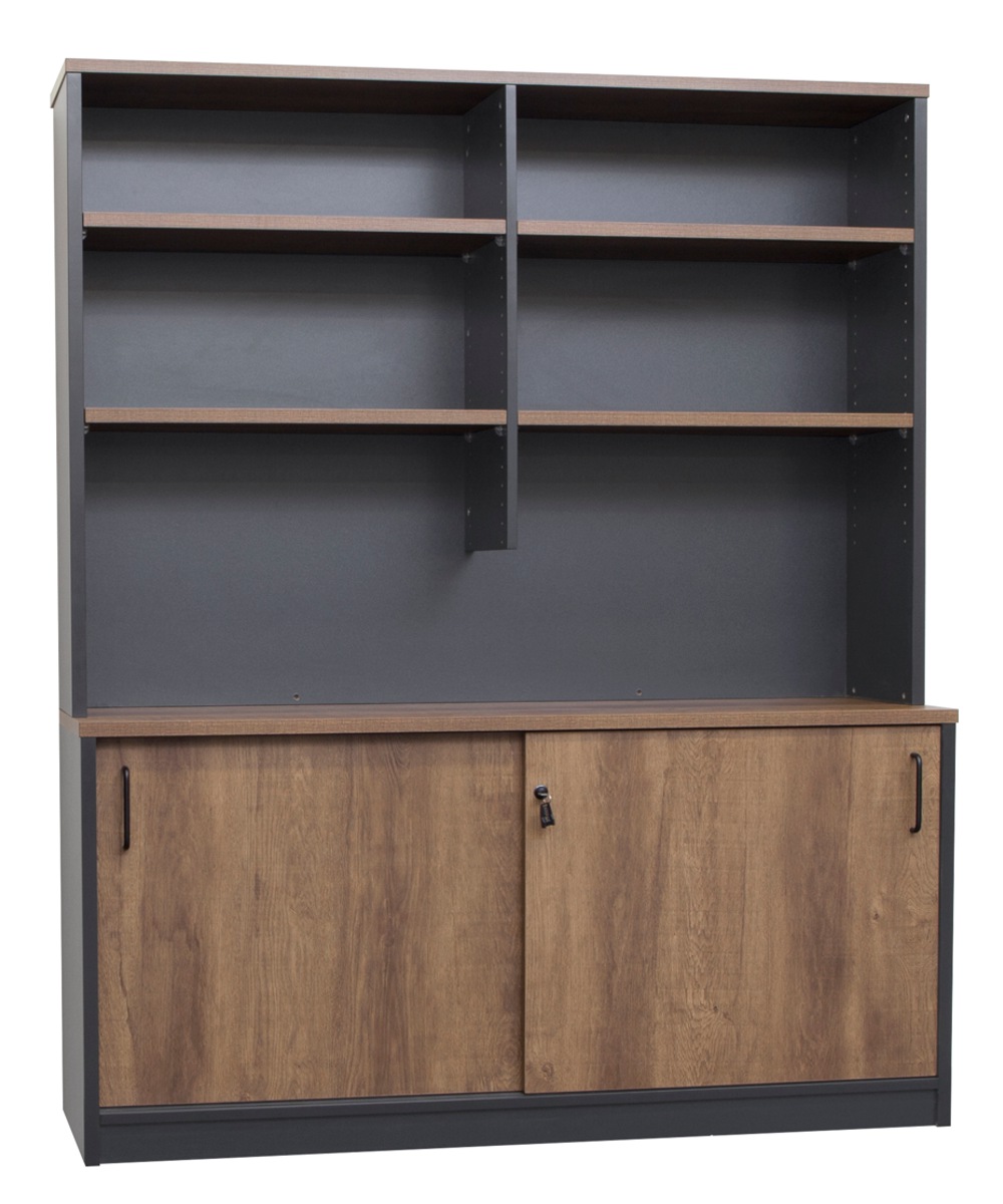 OM Range Regal Walnut and Charcoal Sliding Door Credenza with Hutch